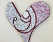 Mosaic heart, white and rose pink tones stained glass on wood