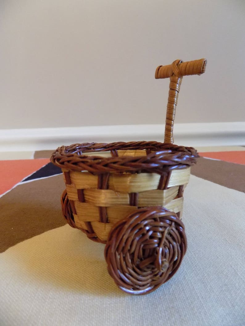 Vintage Tiny Wicker Wheeled Hand Cart Air Plant Planter Basket