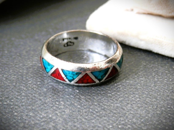 Vintage Navajo Turquoise and Coral Ring - image 5