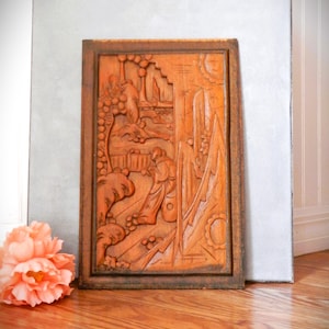 Vintage Carved Asian Wood Panel