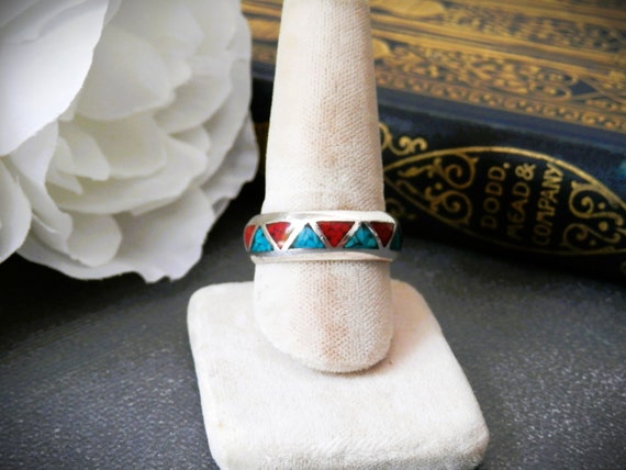 Vintage Navajo Turquoise and Coral Ring - image 6