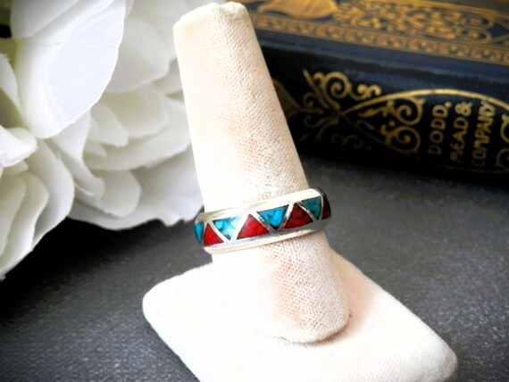 Vintage Navajo Turquoise and Coral Ring - image 3