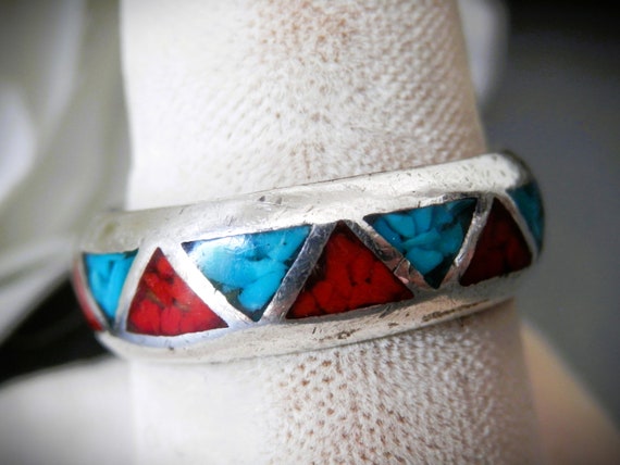 Vintage Navajo Turquoise and Coral Ring - image 2