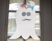 Cute Halloween Ghost Door Hanger - Glitter Coated with Ribbon and Mesh