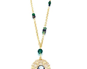 Gold Lace CAMEO Necklace with Sparkly Glass and Crystal Beads