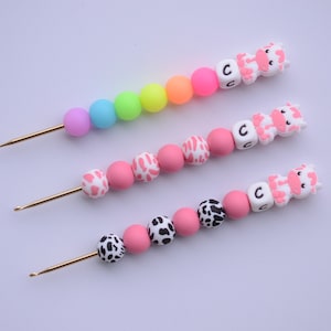 Small Pink & White Cow Pastel Rainbow Neon Rainbow Glow in the Dark Crochet Hook / Crochet Hook / Silicone Bead Crochet Hook