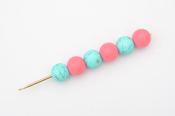 Turquoise and Salmon Large Beads Large Hook Crochet Hook / Crochet Hook /  Silicone Bead Crochet Hook