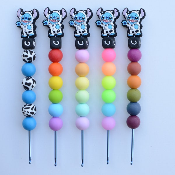 Alien Pet Dog in Cow Costume Crochet Hook / Neon Rainbow Glow in the Dark Crochet Hook / Crochet Hook / Silicone Bead Crochet Hook