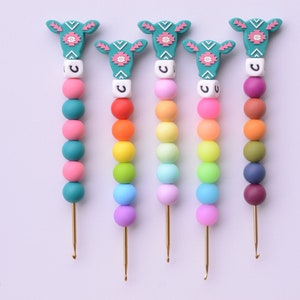 Teal/Pink Aztec Cow Crochet Hook / Neon Rainbow Glow in the Dark Crochet Hook / Crochet Hook / Silicone Bead Crochet Hook