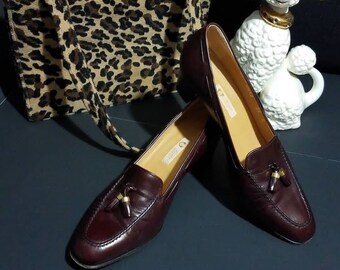 Vintage 1980s Gucci Loafers Block Heel Womens Preppy 80s Leather