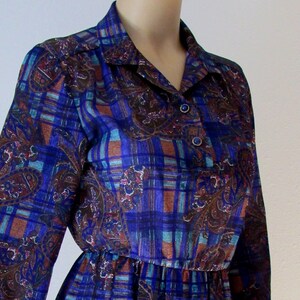 Vintage 80s Day dress Paisley Print Jewel Tones Elastic Waist Modest Dress image 1