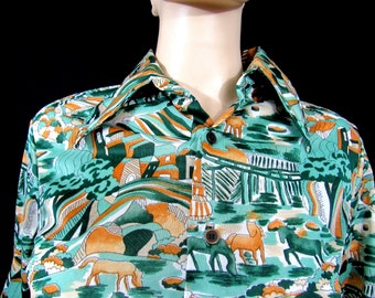 Vintage 70s Rare Novelty Print Shirt Horse and Village Print Abstract Print Wearable Art Shirt