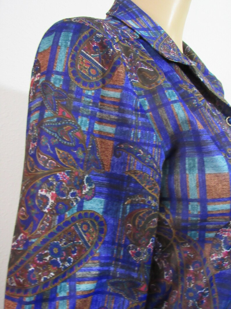 Vintage 80s Day dress Paisley Print Jewel Tones Elastic Waist Modest Dress image 3