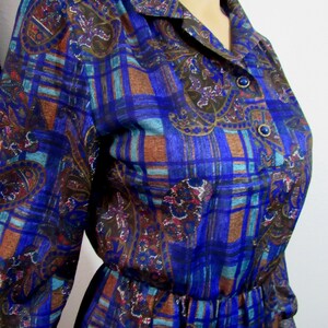 Vintage 80s Day dress Paisley Print Jewel Tones Elastic Waist Modest Dress image 2