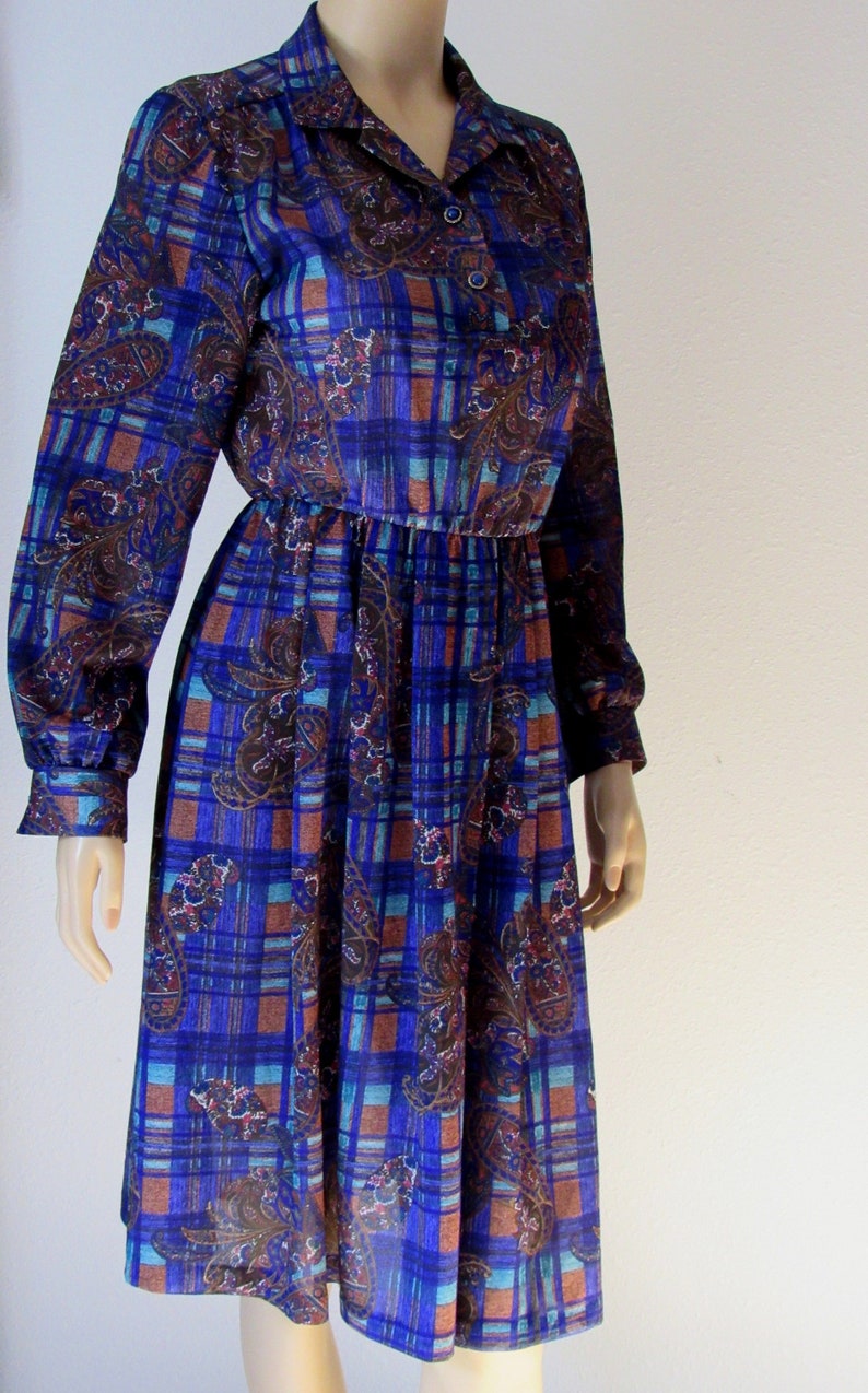 Vintage 80s Day dress Paisley Print Jewel Tones Elastic Waist Modest Dress image 1
