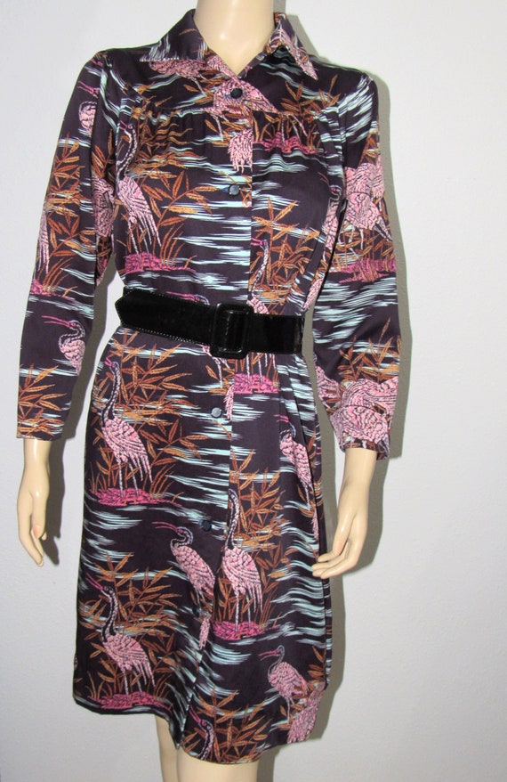 Vintage 70s Crane Novelty Print Button Front Dres