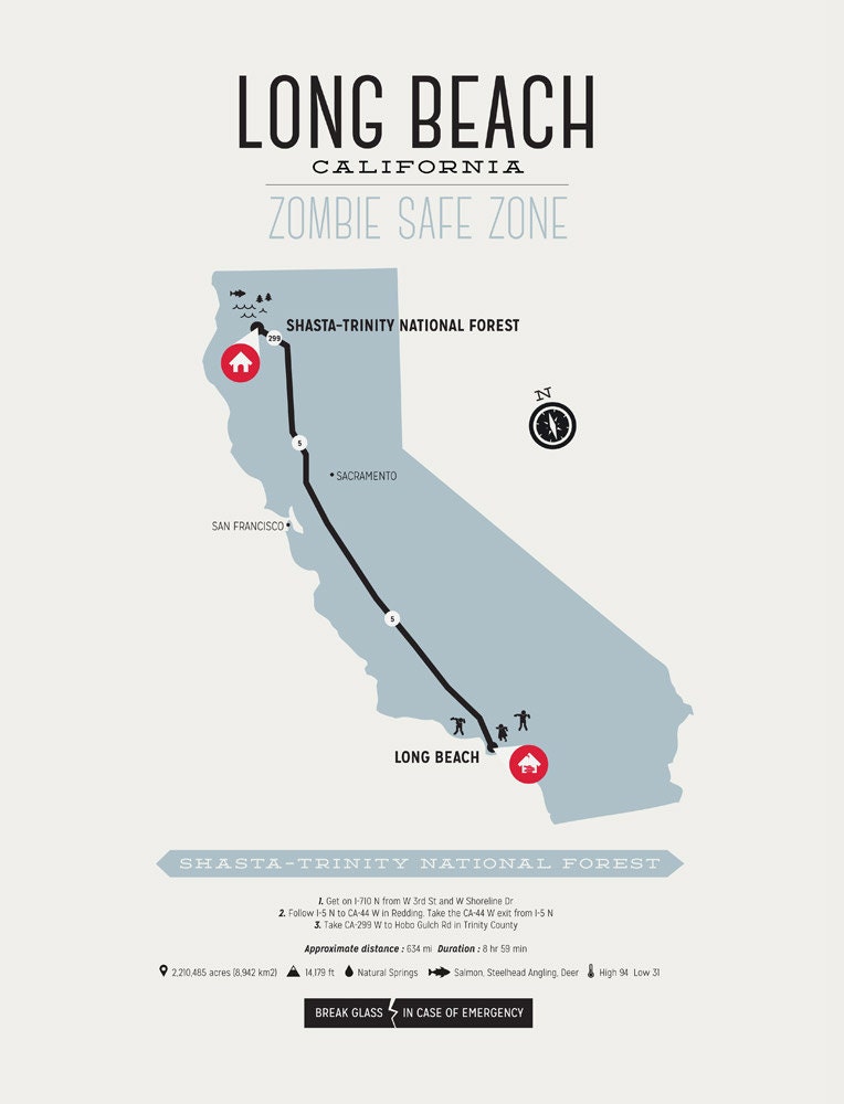 Zombie Safe Zone Long Beach Map Poster California Map Etsy