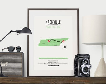 Zombie Safe Zone Nashville Poster - Nashville Tennessee Map