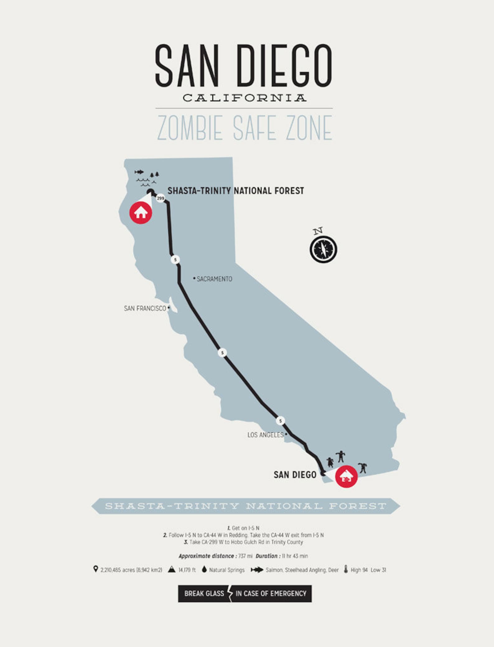 Zombie Safe Zone San Diego Poster San Diego California Map Etsy