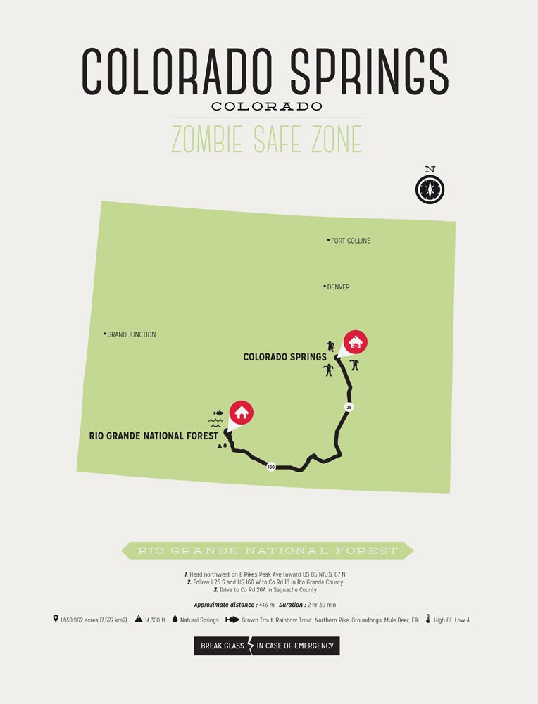 Zombie Safe Zone Colorado Springs Map Poster Colorado Etsy