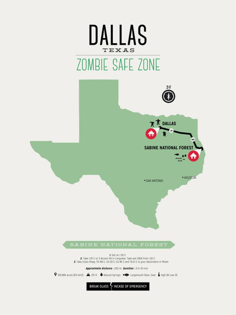 Zombie Safe Zone Dallas Map Poster Dallas City Map Etsy