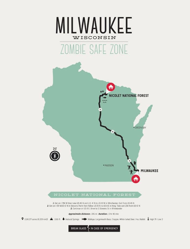 Zombie Safe Zone Milwaukee Poster Milwaukee Wisconsin Map Etsy
