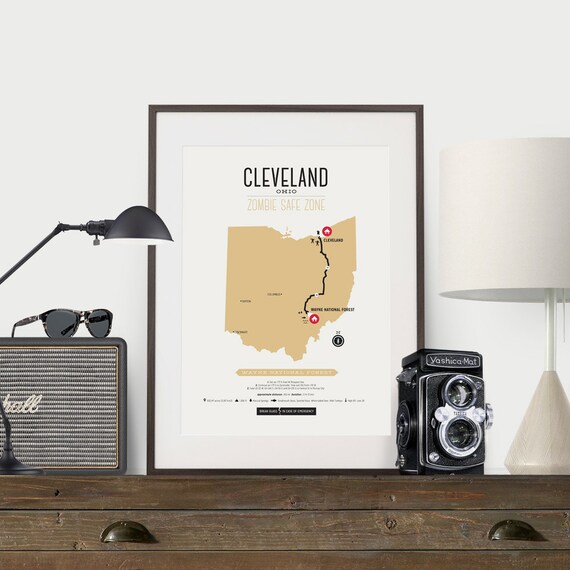 Zombie Safe Zone Cleveland Map Poster Cleveland Ohio City Etsy