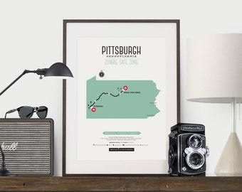 Zombie Safe Zone Pittsburgh Map Poster - Pittsburgh PENNSYLVANIA City Map