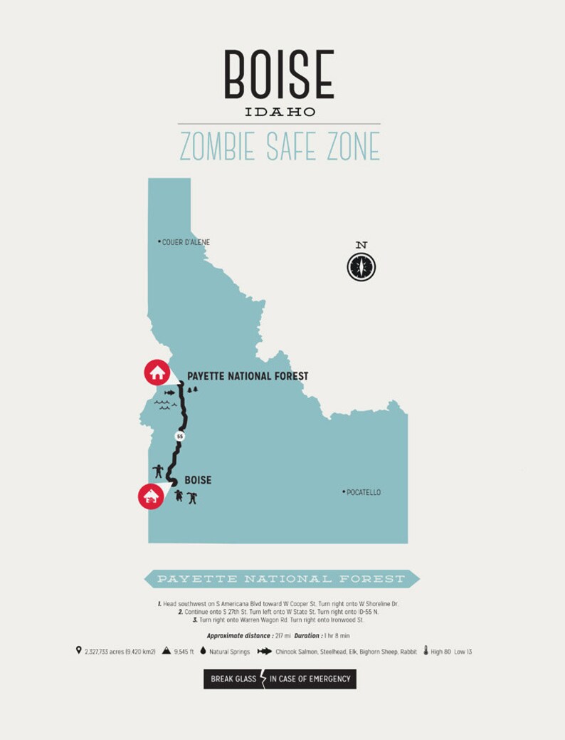 Zombie Safe Zone Boise Map Poster Idaho Map Etsy