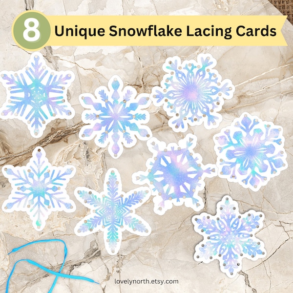 Winter Snowflakes Lacing Cards, includes freestyle cards for scissor practice and bunting banners (Printable Preschool Fine Motor Activity)