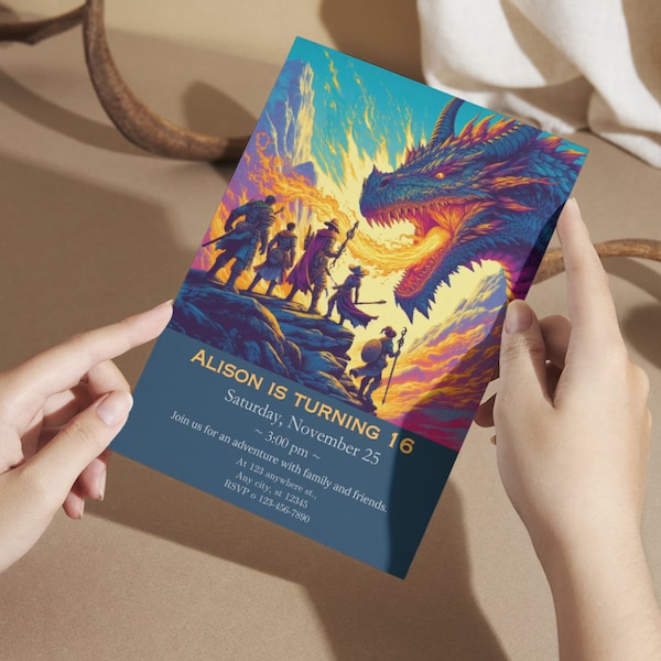 NEW Dungeons and Dragons Party Invitation Blue No. 2 Version, Mixed Classes with female, Editable, Printable 5x7, Digital Invitation