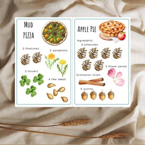 Op de afbeelding: Twee printbare receptenkaarten voor "Modderpizza" en "Appeltaart". De kaarten bevatten illustraties van de gebakken taarten en de ingredi&euml;nten die nodig zijn om ze te maken. De ingredi&euml;nten voor Modderpizza zijn: dennenappels, klavers, paardenbloemen en zaden. De ingredi&euml;nten voor Appeltaart zijn: dennenappels, kaneelstokjes, eikels en bloemblaadjes.
