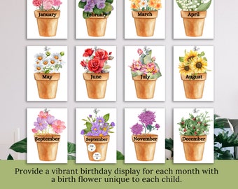 Arreglo floral para el mes de cumpleaños / Decoración de cumpleaños para el aula / Plantilla editable / Póster de referencia adicional