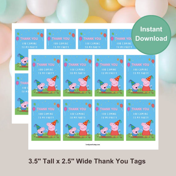 Peppa Pig Thank You Tags, 3.5"  Tall x 2.5" Wide, Peppa Pig Birthday Tags, Peppa Pig Theme, Instant Download, Printable