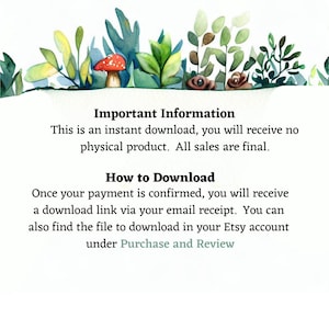 Op de afbeelding: Een aquarel-illustratie van een bos sc&egrave;ne met een rode paddenstoel en groene bladeren. De tekst "Belangrijke informatie" en "Hoe te downloaden" wordt weergegeven met instructies voor digitale downloads.