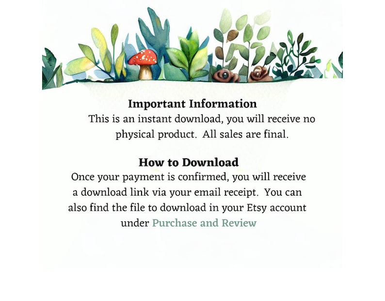 Op de afbeelding: Een aquarel-illustratie van een bos sc&egrave;ne met een rode paddenstoel en groene bladeren. De tekst "Belangrijke informatie" en "Hoe te downloaden" wordt weergegeven met instructies voor digitale downloads.