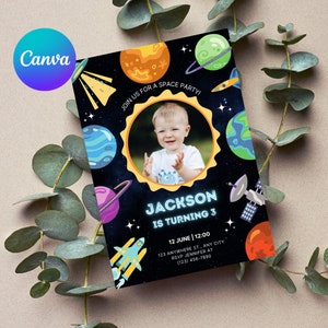 Carte d'invitation de fête d'anniversaire sur le thème de l'espace, personnalisée, téléchargement immédiat