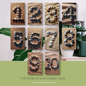 Tarjetas numéricas del 1 al 10 con rocas sobre arena para contar, tarjetas didácticas con números de piezas sueltas inspiradas en Reggio, descarga digital, dos tamaños