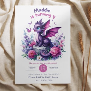 Tarjeta de cumpleaños de niña morada, invitación personalizable con forma de dragón, invitación para fiesta de cumpleaños imprimible, invitación de cumpleaños digital, invitación de 5 x 7
