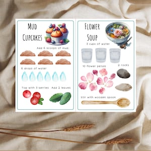Op de afbeelding: Een printbare receptenkaart voor het maken van moddercupcakes en bloemsoup. Het recept voor moddercupcakes bevat 6 scheppen modder, 6 druppels water, 3 bessen en 2 bladeren. Het recept voor bloemsoup bevat 3 kopjes water, 10 bloemblaadjes en 2 stenen. Roer met een houten lepel.