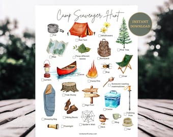 May include: A printable camping scavenger hunt checklist with watercolour illustrations of camping gear, a campfire, a pine tree, a tent, a canoe, a bug, a chair, a sleeping bag, hiking boots, a torch, a spider's web, a bird, a mug, a hat, a cooler, a sign post, a tree stump, a rucksack, a lantern, a pot, a map, wildflowers, and the text "Camp Scavenger Hunt".