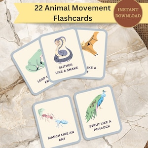 22 Animal Movement Cards, Flashcards for Kids, Printable