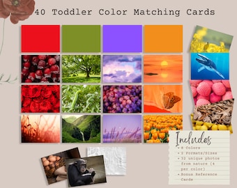 Tarjetas de asociación de colores para niños pequeños con tarjetas de referencia, inspiradas en la pedagogía Reggio Emilia, colores de la naturaleza, preescolar y jardín de infancia, descarga instantánea para el aprendizaje temprano.