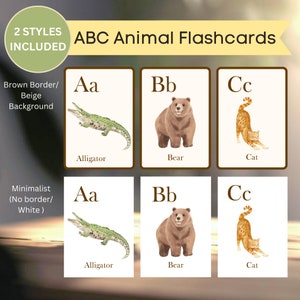 Animals ABC Flashcards, Animal alphabet,  2 Sets (brown border/beige, minimal), Printable flashcards, Digital download, Homeschool art