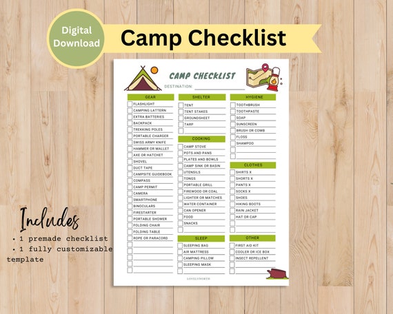 Template Backpack Camping Checklist Camp Checklist, EDITABLE