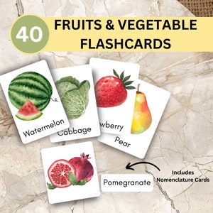 Paquete de 40 tarjetas didácticas de frutas y verduras, actividad para niños pequeños, tarjetas de 3 partes, materiales Montessori