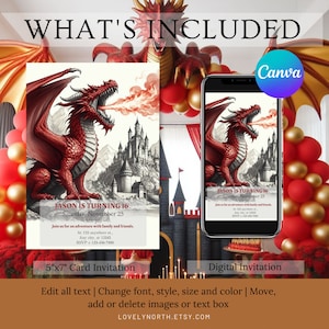 Red Ink Version, Customizable Dragon Invitation | Printable Birthday Party Invite | Digital Birthday Invitation | 5x7 Invitation