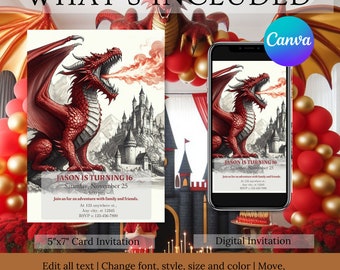Red Ink Version, Customizable Dragon Invitation | Printable Birthday Party Invite | Digital Birthday Invitation | 5x7 Invitation