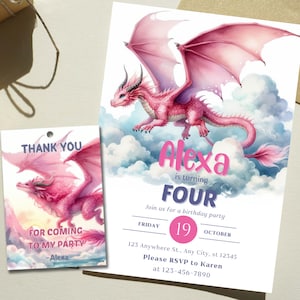 Invito a tema drago rosa, personalizzabile / Invito per festa di compleanno stampabile / Invito di compleanno digitale / Invito 5x7 con etichette regalo