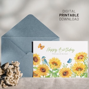 Girassóis de cartão de feliz aniversário, download digital para impressão